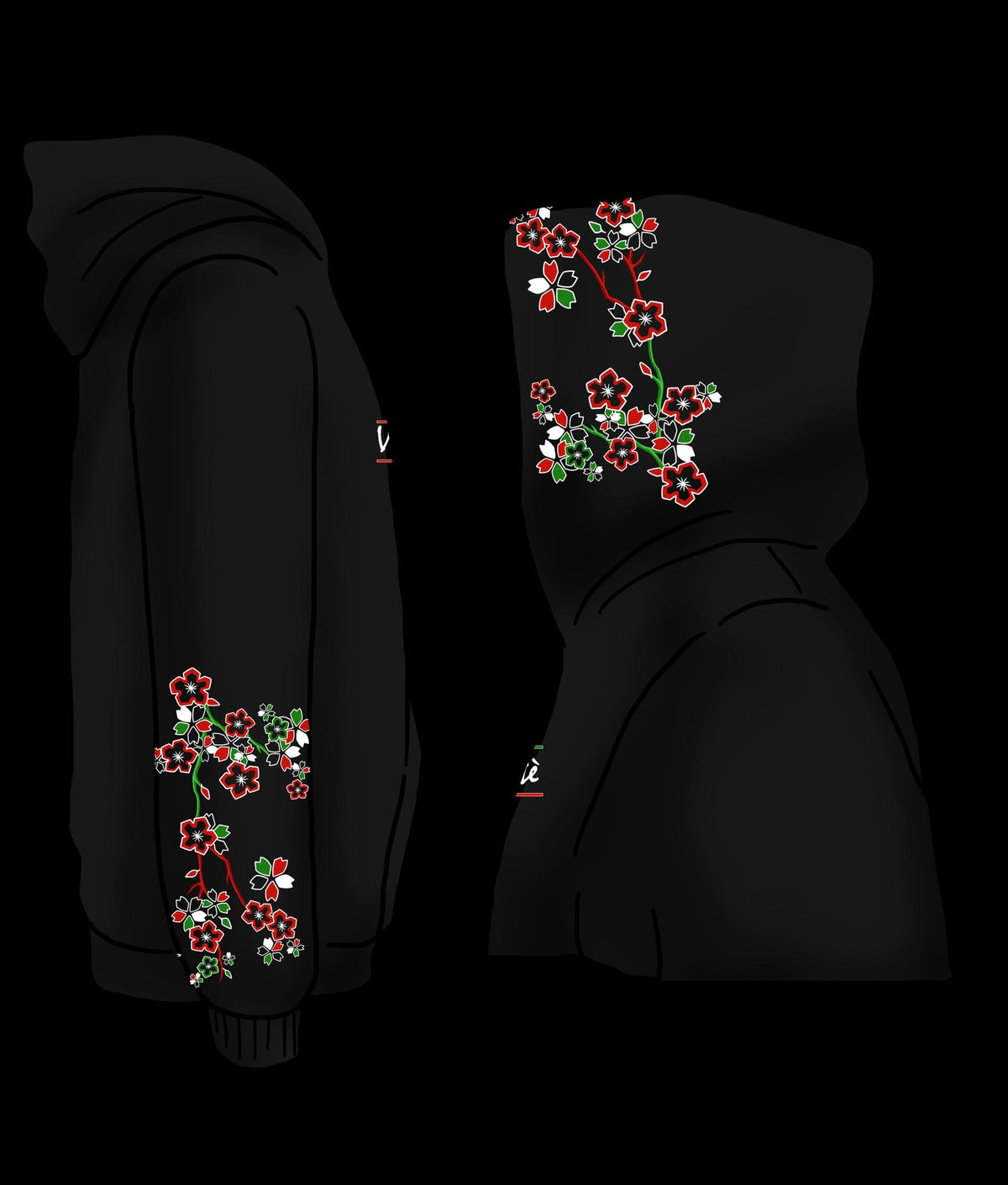 Farasha Hoodie: black hoodie with an embroidered butterfly in Lebanese colours and cascading Palestinian poppies (view 4)
