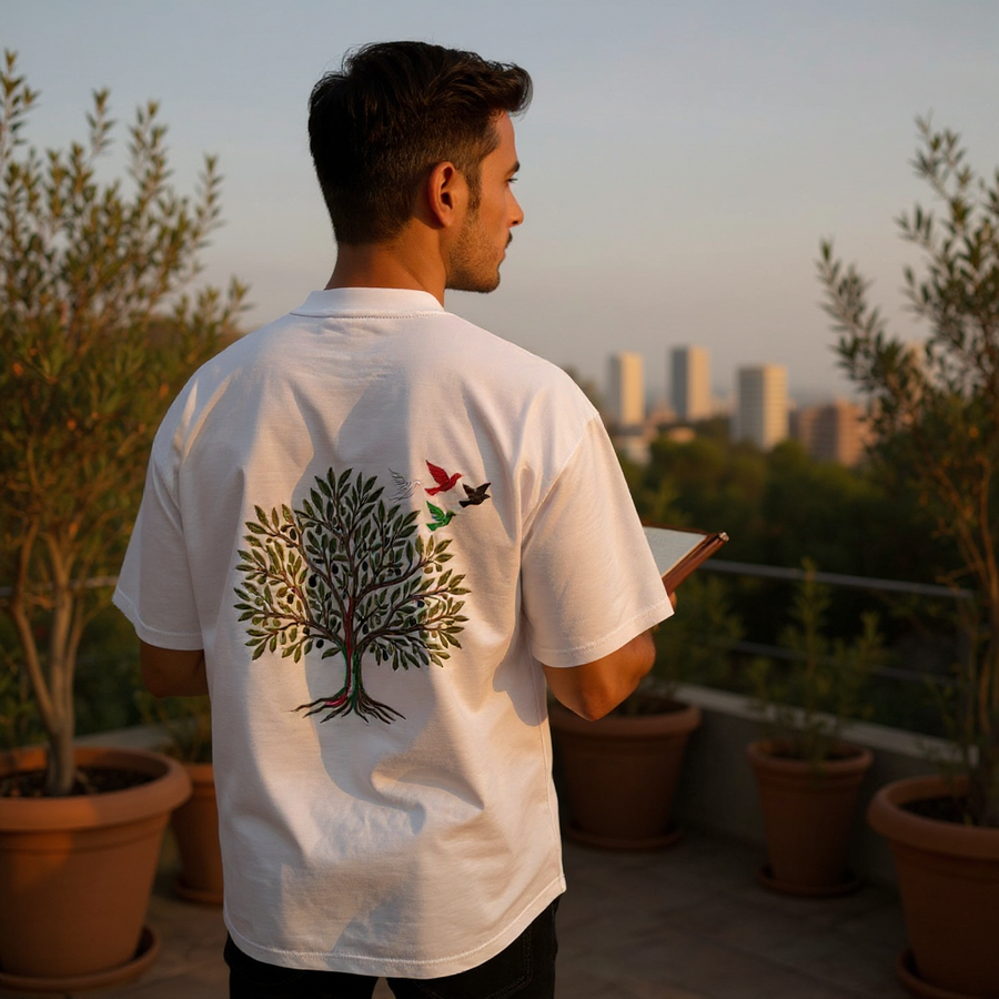 Zaytoun Tee: white oversized T-shirt with an embroidered olive tree and birds in red, green and black