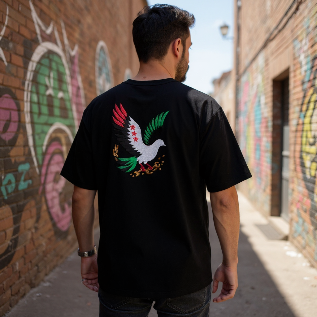 Hurriya Tee: black oversized T-shirt with an embroidered dove in Syrian flag colours breaking its chains