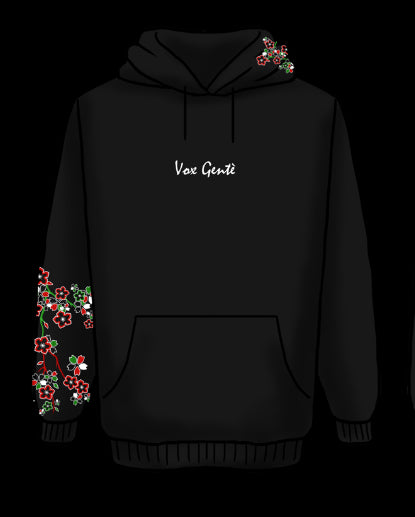 Farasha Hoodie: black hoodie with an embroidered butterfly in Lebanese colours and cascading Palestinian poppies (view 5)
