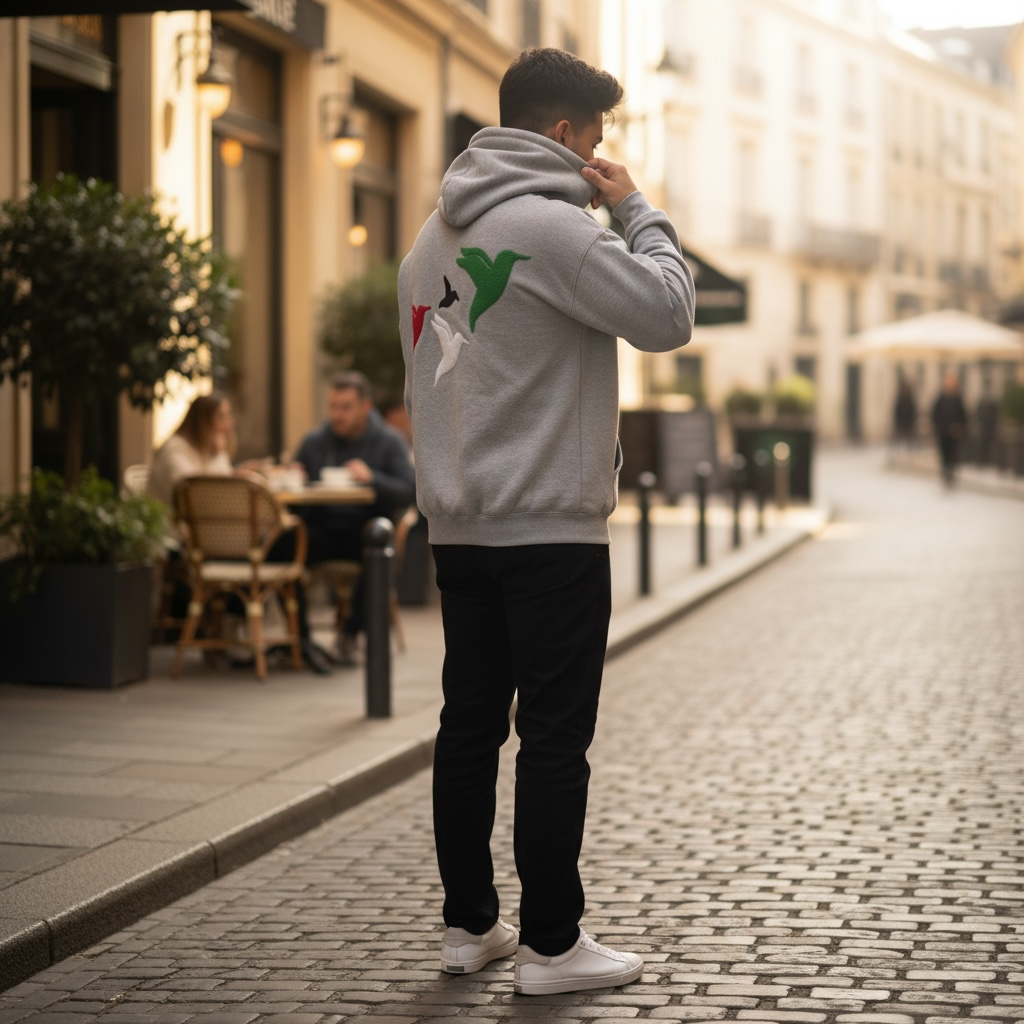 Sirb Hoodie: grey hoodie with four textured embroidered doves in red, black, white and green