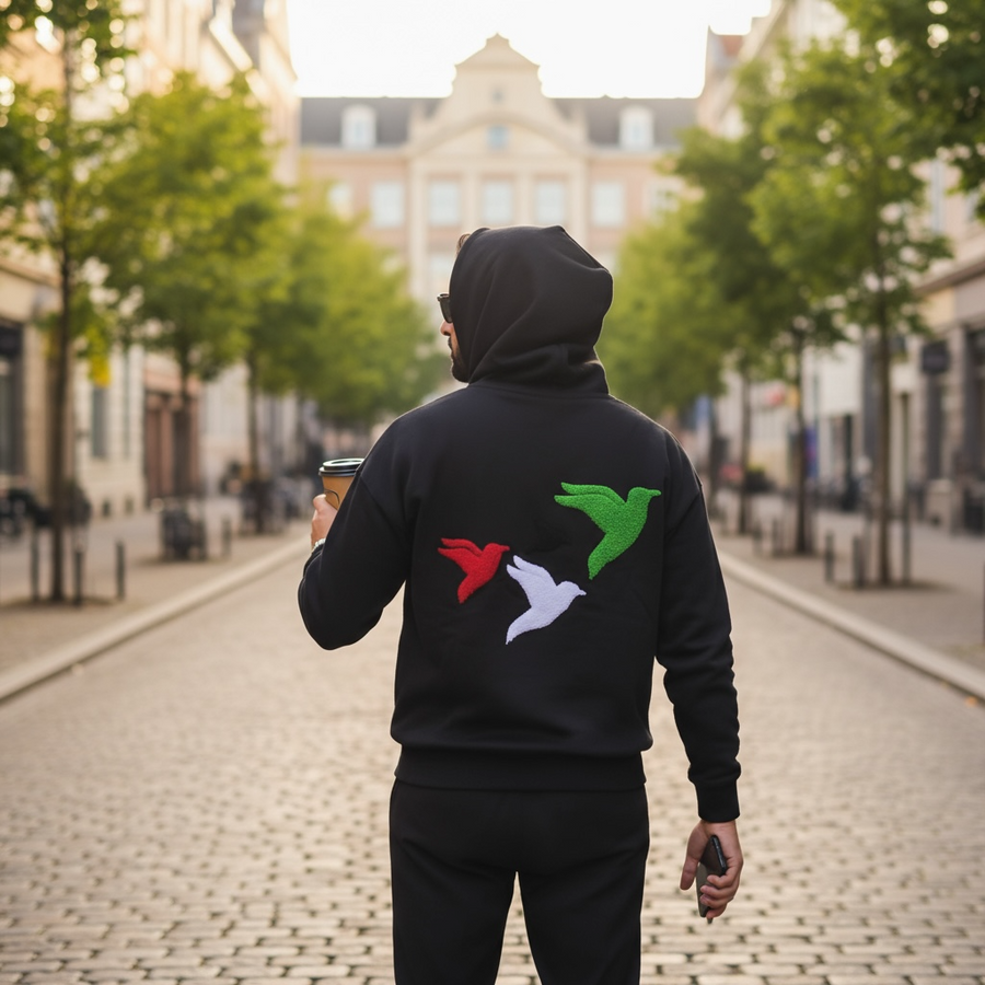 Awda Hoodie: black hoodie with three embroidered doves in red, green and white, the colours of Palestine