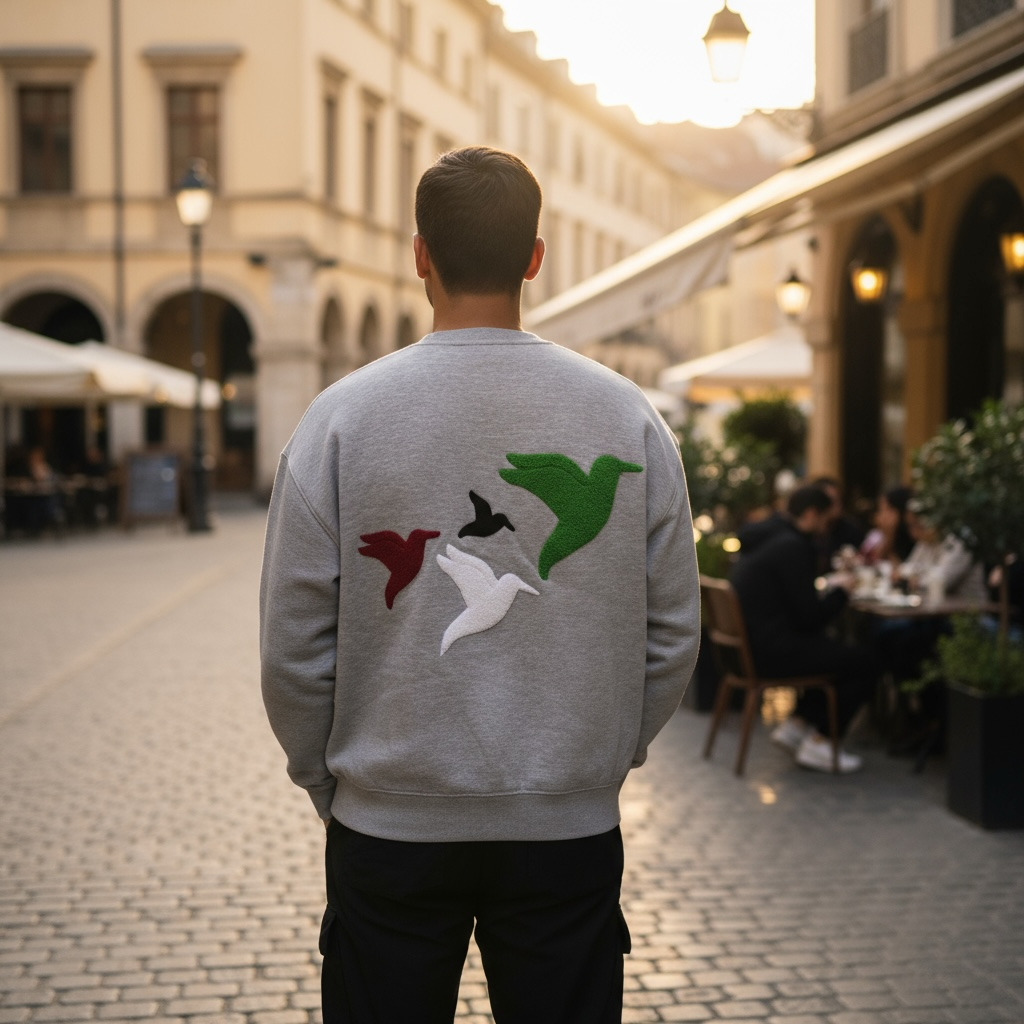 Sirb Sweatshirt: grey crew-neck sweatshirt with four raised embroidered doves in the colours of Palestine