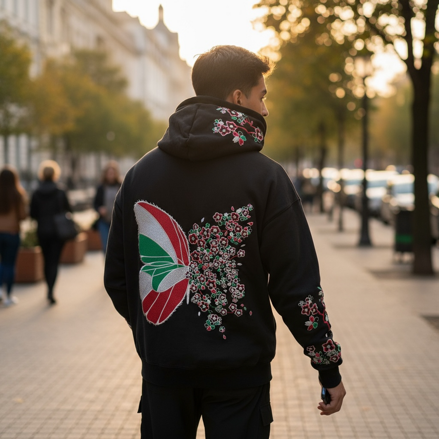 Farasha Hoodie: black hoodie with an embroidered butterfly in Lebanese colours and cascading Palestinian poppies